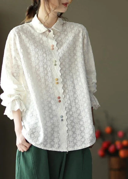 White Embroidery Shirts Lapel White Button Loose Spring Blouse