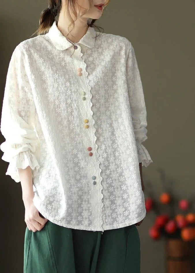 White Embroidery Shirts Lapel White Button Loose Spring Blouse