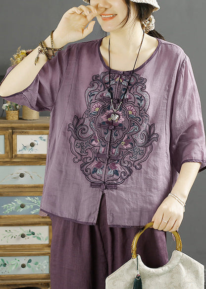 Chinese Style Purple O-neck Embroideried Linen Shirt Summer