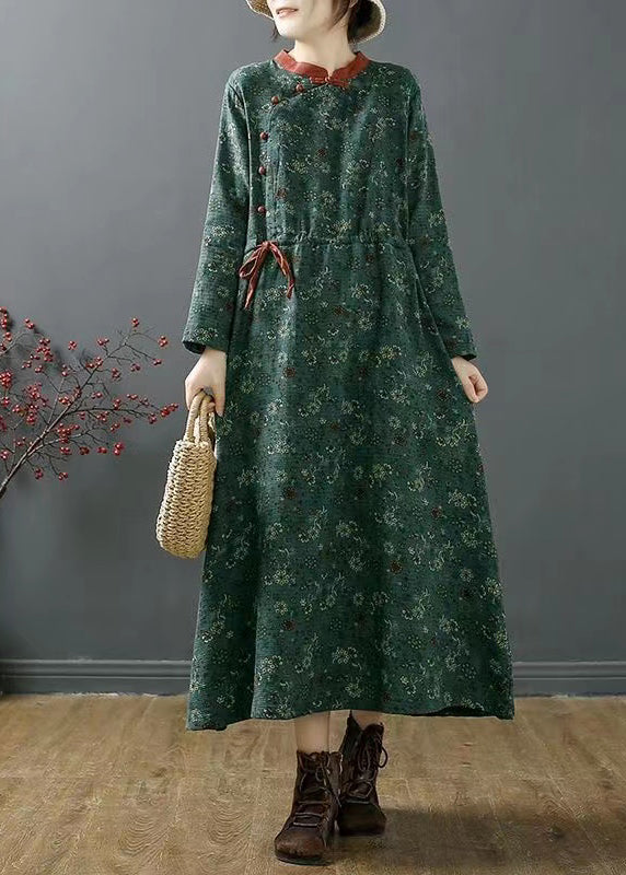 Green Stand Collar Print Patchwork Cotton Dress Fall