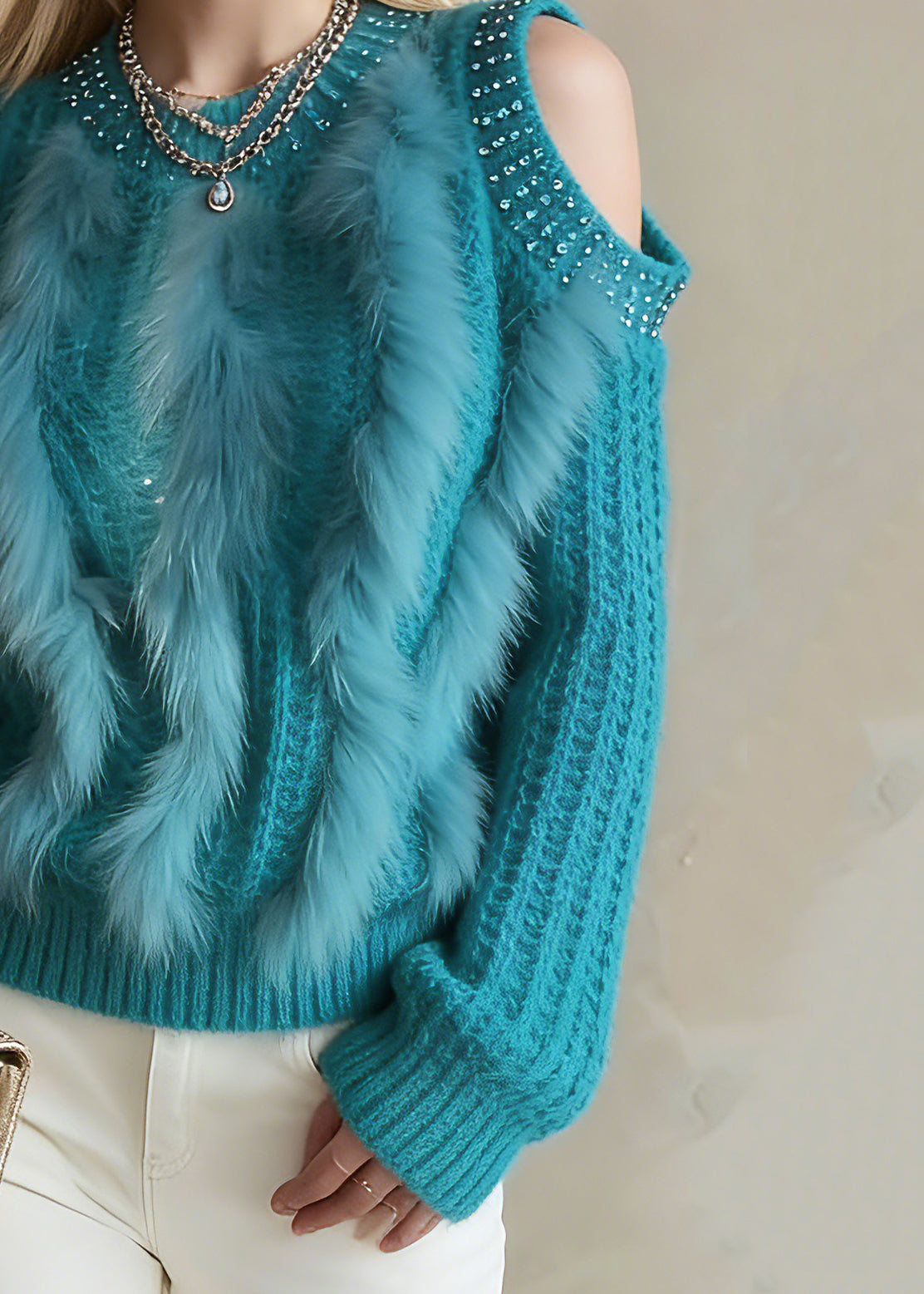 Unique Blue Zircon O-neck Cold Shoulder Cotton Knit Sweaters Lantern Sleeve