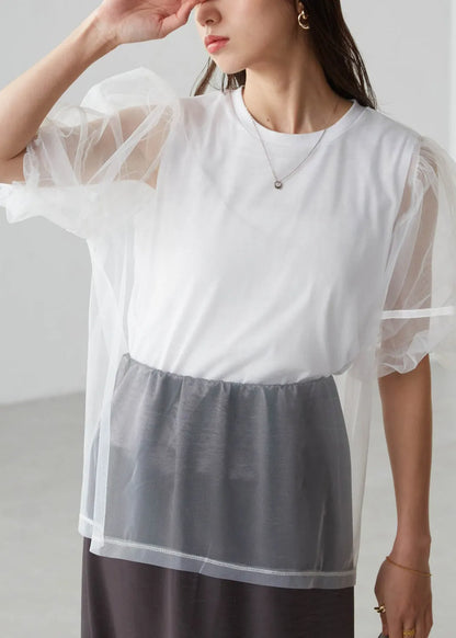 Classy Black Puff Sleeve Patchwork Tulle Tank Tops