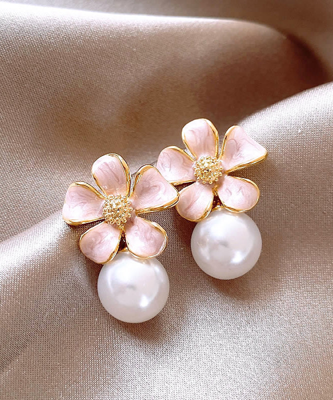 Pink Metal Alloy Pearl Drip Glaze Stud Earrings