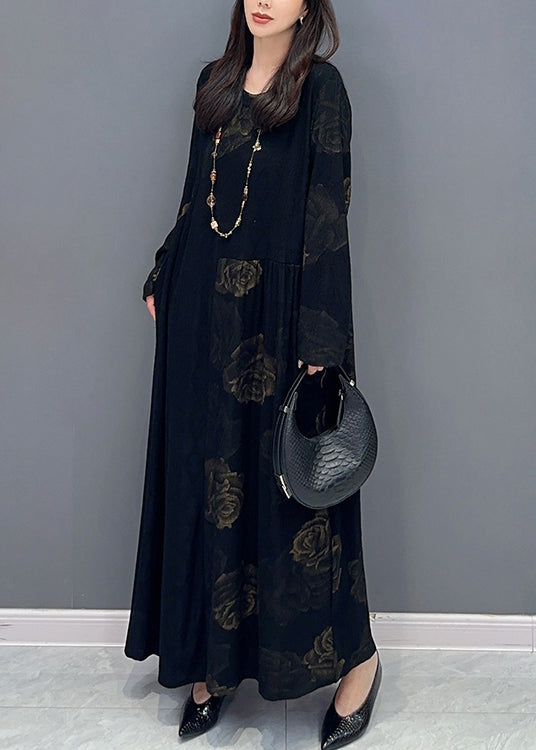 Fine Black O Neck Patchwork Cotton Long Dress Fall