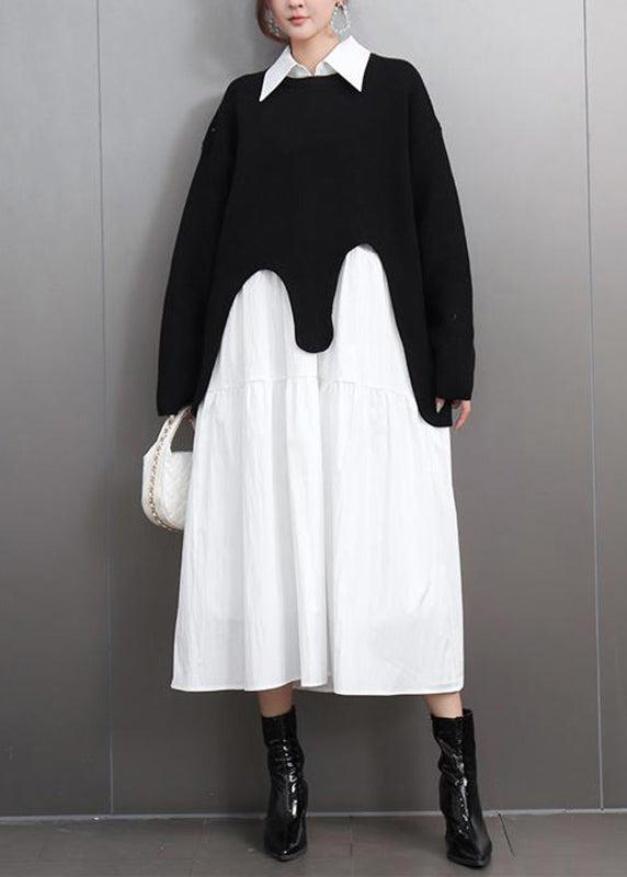 Black O-neck Asymmetrical Cotton Knitted Sweaters Fall