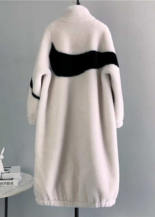 Black Stand Collar Zip Up Pockets Wool Coat Winter