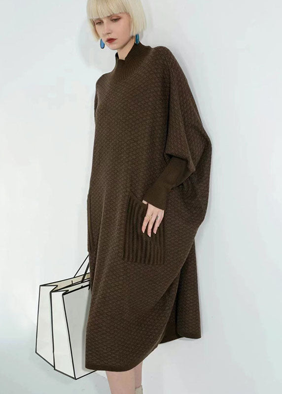 Chocolate Turtle Neck Patchwork Pockets Wool Sweater Dress Long Sleeve