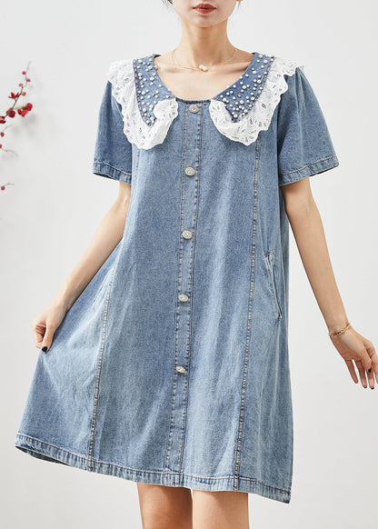 Blue Peter Pan Collar Nail Bead Denim Vacation Dress Summer