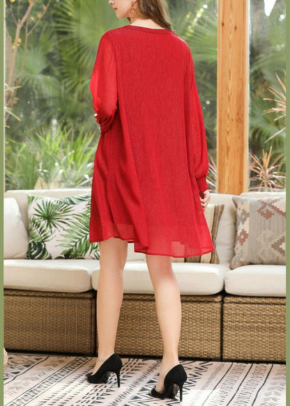 Style Red Rivet Chiffon O-neck Summer Long Dress