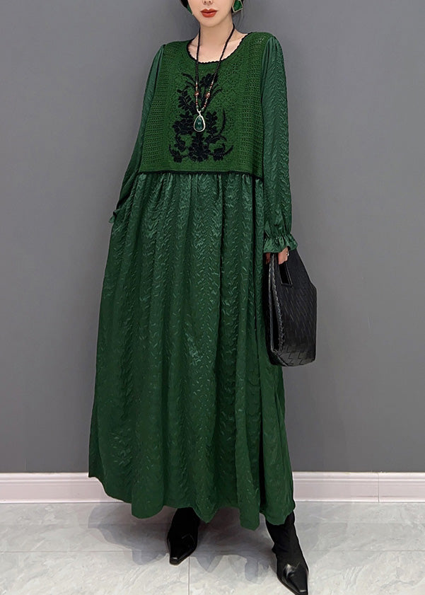 French Green O-neck Patchwork Knit Maxi Dresses Winter