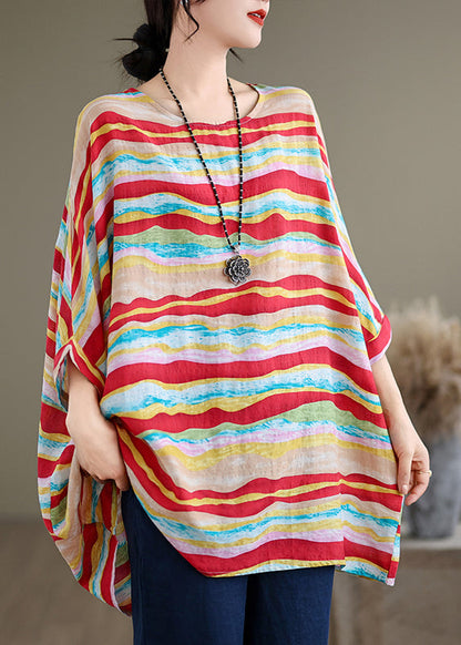 Red O Neck Striped Cotton Blouse Tops Batwing Sleeve
