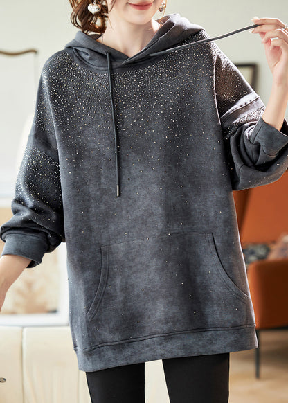 Grey Drawstring Zircon Pockets Hooded Sweatshirts Lantern Sleeve