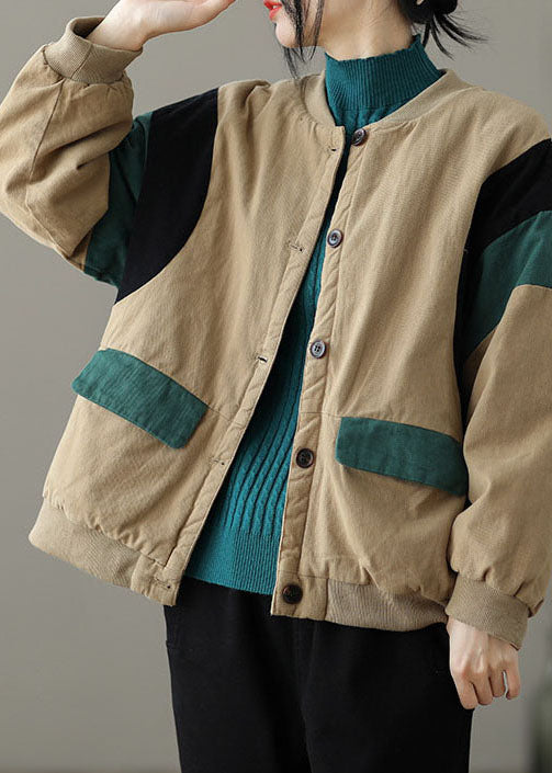 Modern Khaki O-neck Pockets Patchwork Fine Cotton Filled Jacket Spring