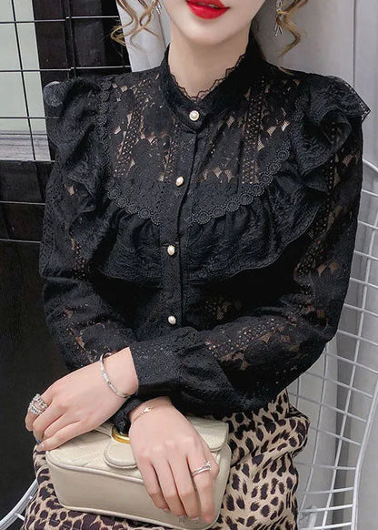 French Black Stand Collar Ruffled Lace Blouse Tops Long Sleeve