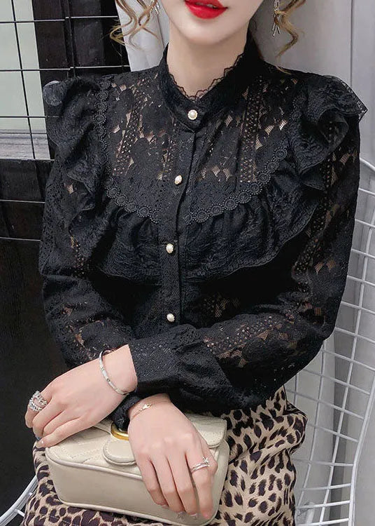 French Black Stand Collar Ruffled Lace Blouse Tops Long Sleeve