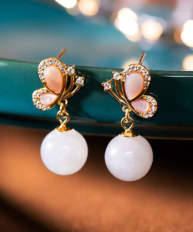 Diy Sterling Silver Jade Butterfly Zircon Drop Earrings