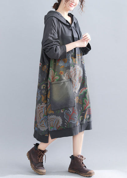Grey Sweatshirt Dresses Hooded Drawstring Pockets Spring