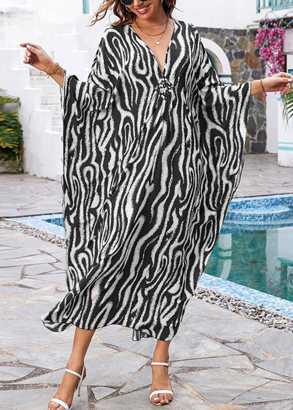 Grey V Neck Print Side Open Maxi Dresses Fall