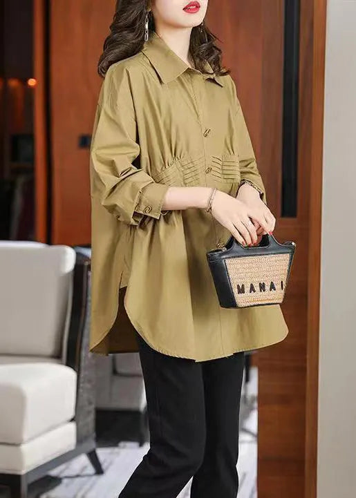 Khaki Patchwork Cotton Shirt Top Peter Pan Collar Button Fall