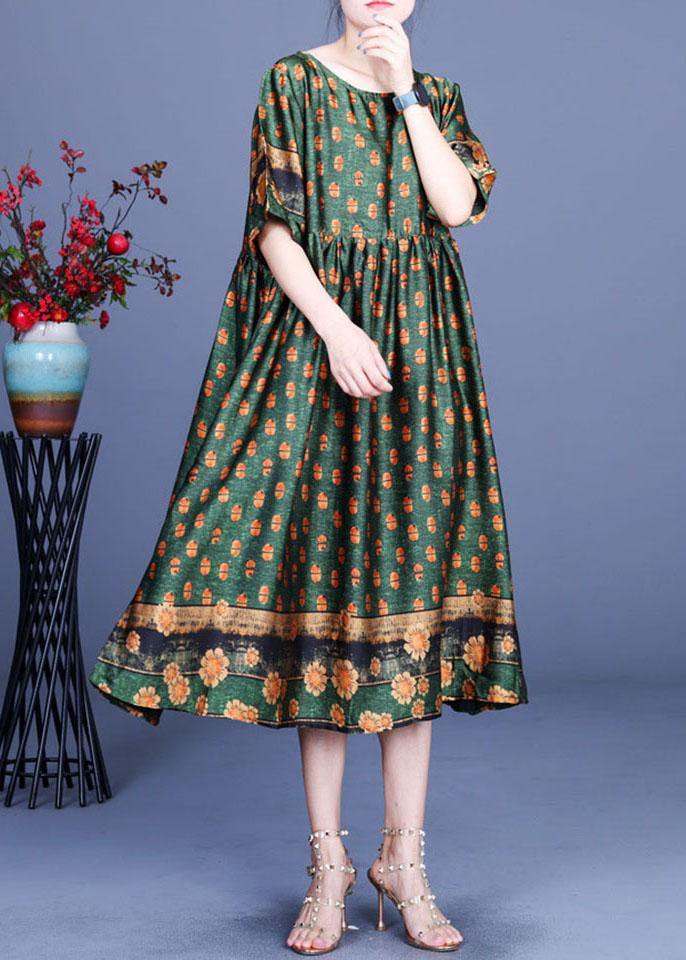 Green Print Silk Cinched Dress Summer