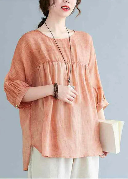 Orange O-neck Patchwork Side Open T Shirt Half Sleeve