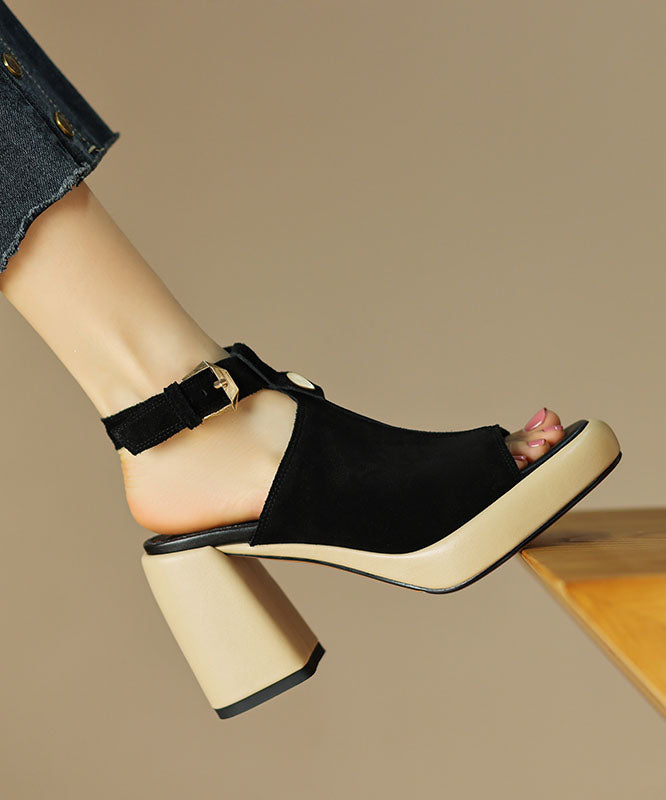 Black Peep Toe Buckle Strap Splicing Suede Chunky High Heels Sandals