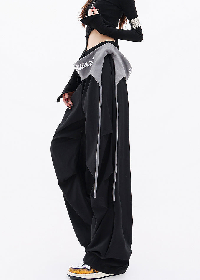 Black Pockets Wrinkled Cotton Wide Leg Pants Fall