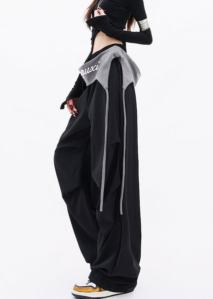 Black Pockets Wrinkled Cotton Wide Leg Pants Fall