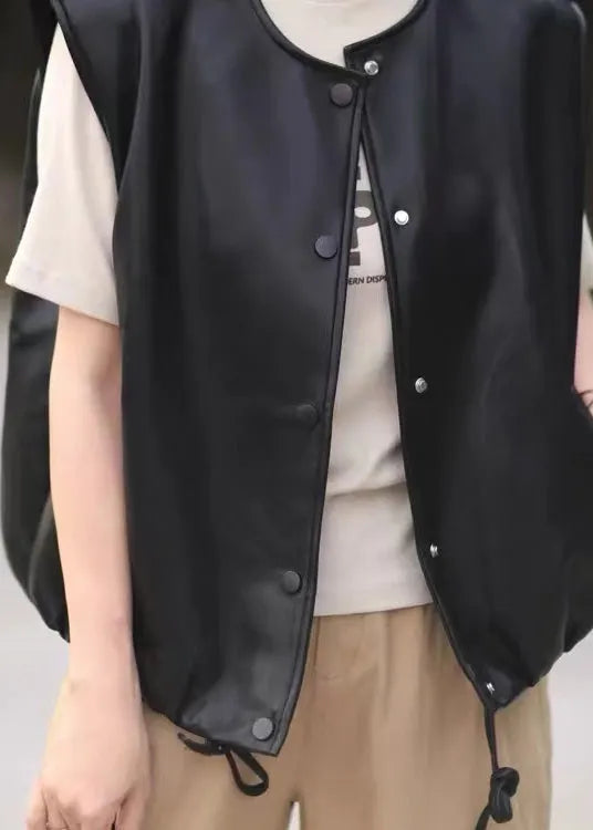 New Black O-neck Drawstring Faux Leather Vest Sleeveless