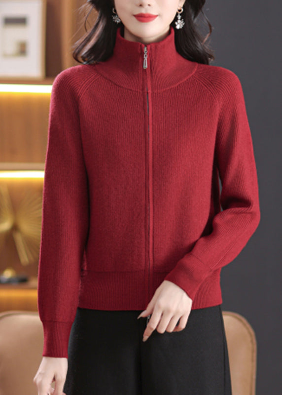 Simple Red Patchwork Knitted Cotton Coats Lantern Sleeve