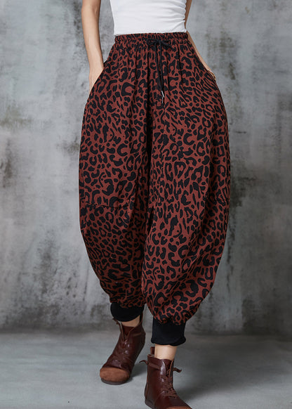 Brick Red Oversized Leopard Print Warm Fleece Lantern Pants Spring