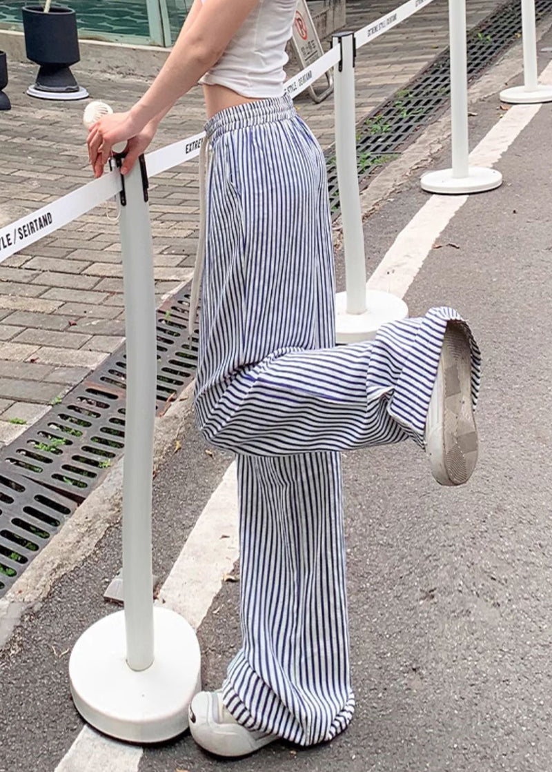 Blue Striped Elastic Waist Cotton Wide Leg Pants Summer