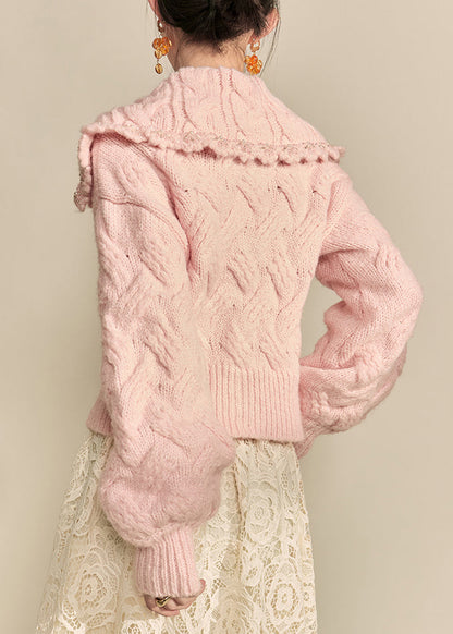 Pink Peter Pan Collar Nail Bead Knit Coat Winter