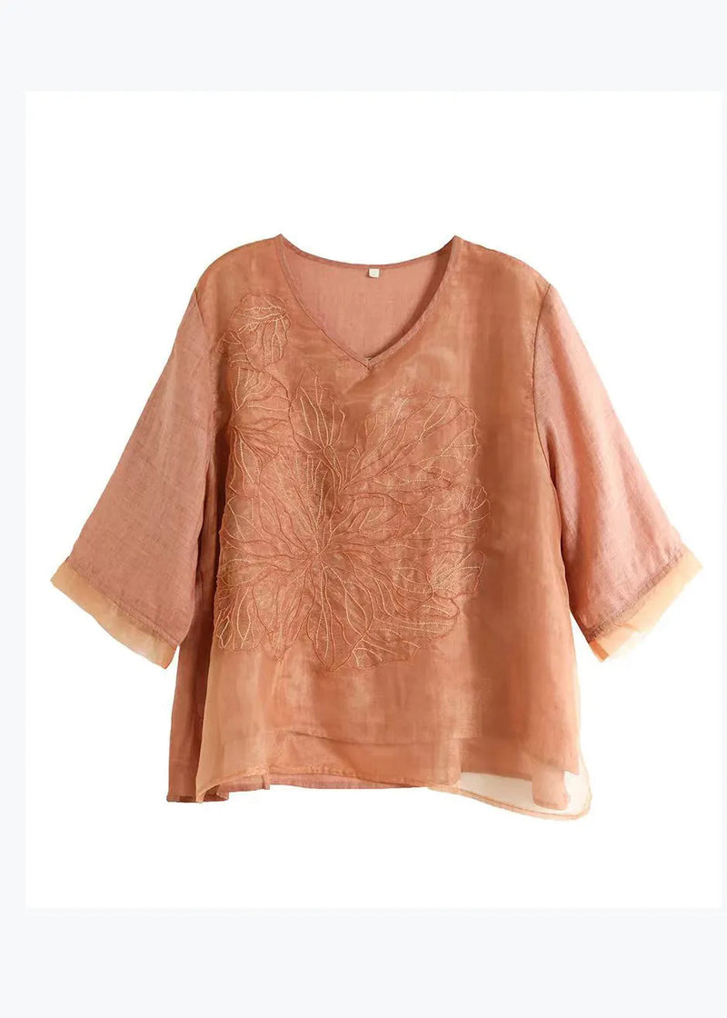 Orange V Neck Embroidered Organza Patchwork Linen Tops Summer
