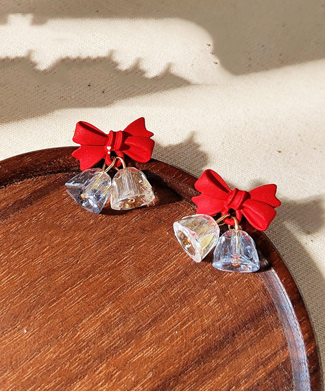 Red Sterling Silver Crystal Bow Bell Drop Earrings