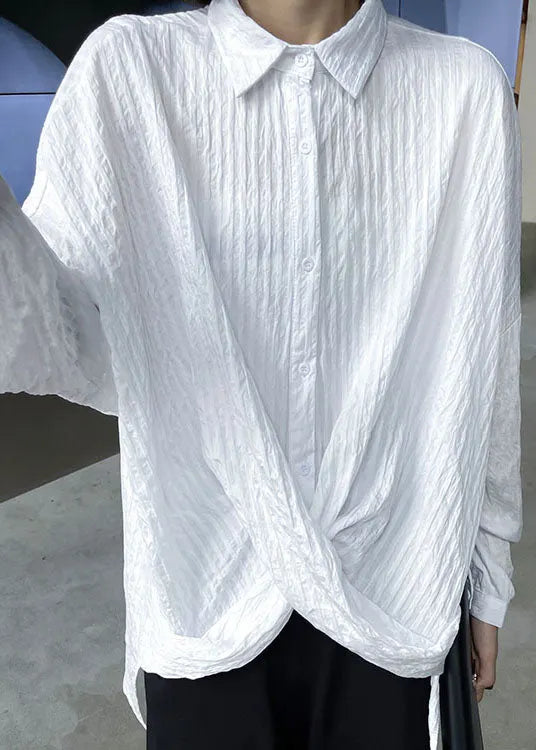 White Peterpan Collar Button Asymmetrical Design Fall Long Sleeve Blouse Tops