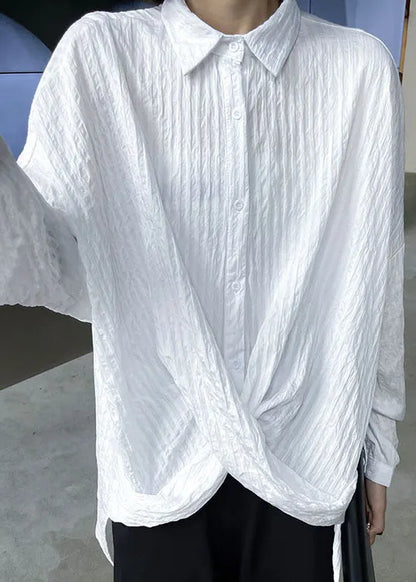White Peterpan Collar Button Asymmetrical Design Fall Long Sleeve Blouse Tops