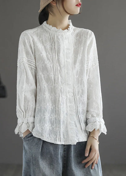 Stylish Apricot Ruffled Button Cotton Blouse Tops Long Sleeve Spring