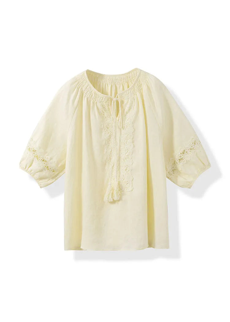 Yellow O Neck Patchwork Cotton Shirt Top Summer