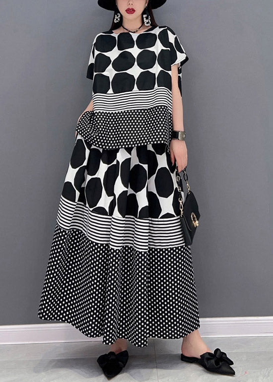 Loose Grey O-neck Dot Print Chiffon Tops and Skirts Two Pieces Set Short Sleeve