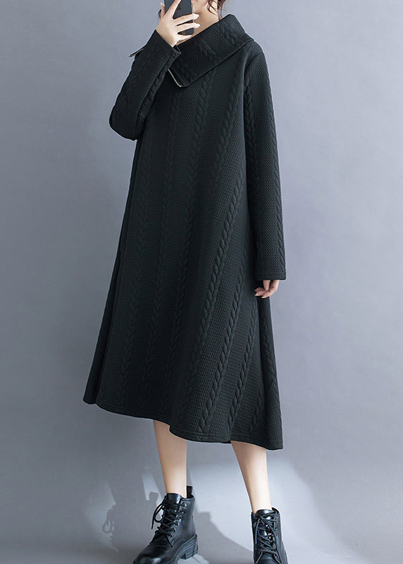 Black Asymmetrical Turtleneck Cotton Long Dress Fall