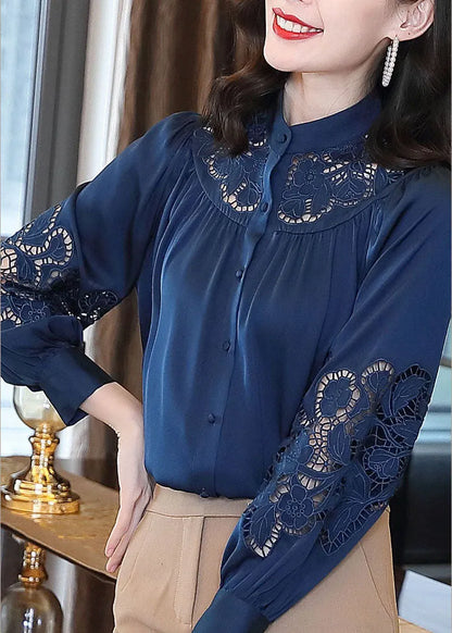 Classy Blue Stand Collar Button Hollow Out Embroideried Silk Blouses Spring