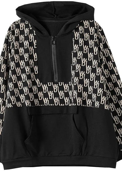 Black Print Tunics for Hooded Pockets Spring Tops