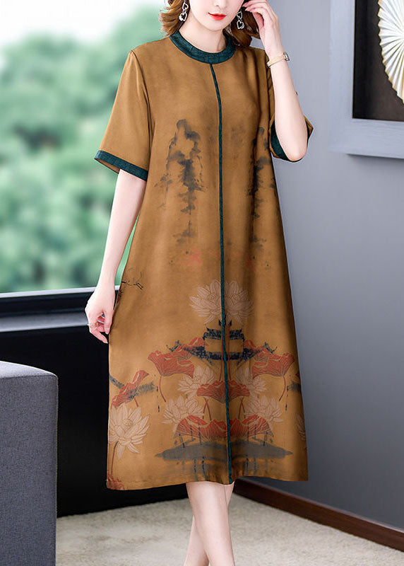 Coffee O-neck Patchwork Silk Long Dress Summer