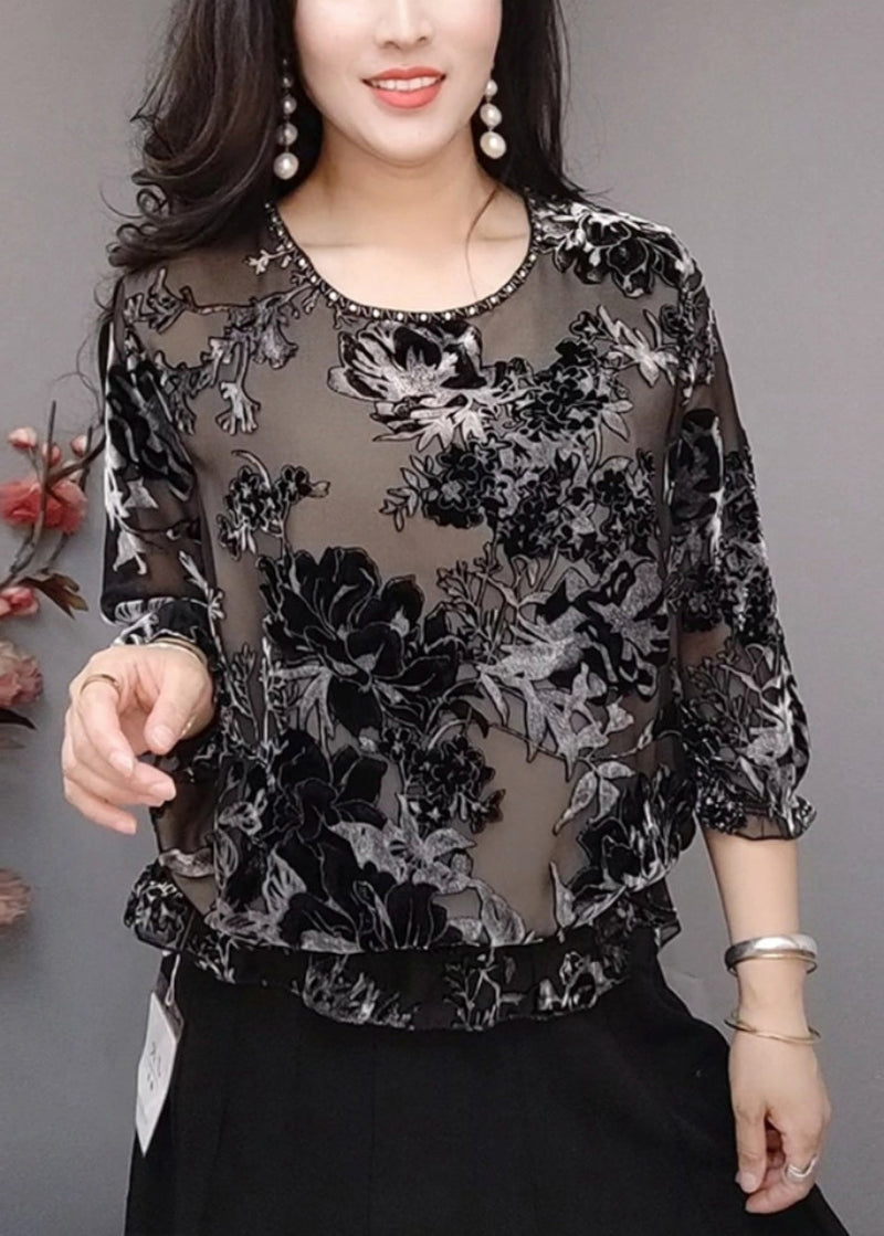 Black O Neck Loose Silk Velour T Shirts Bracelet Sleeve