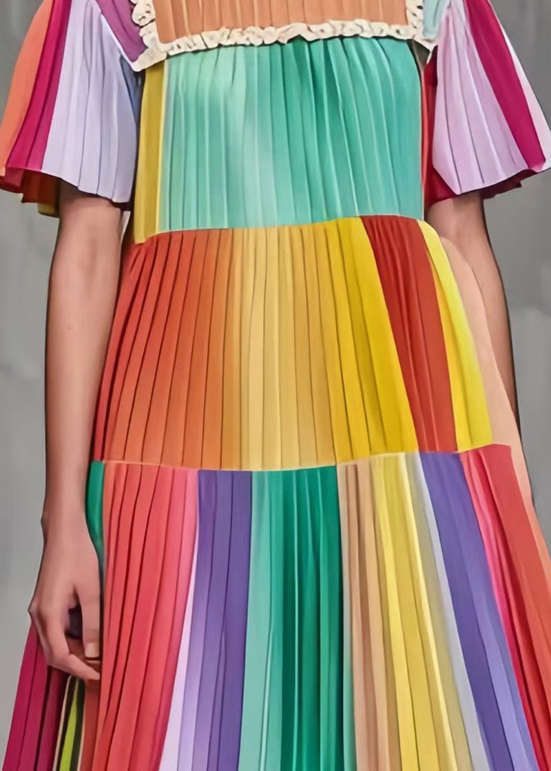 Rainbow Ruffled Patchwork Wrinkled Chiffon Mini Dress Summer
