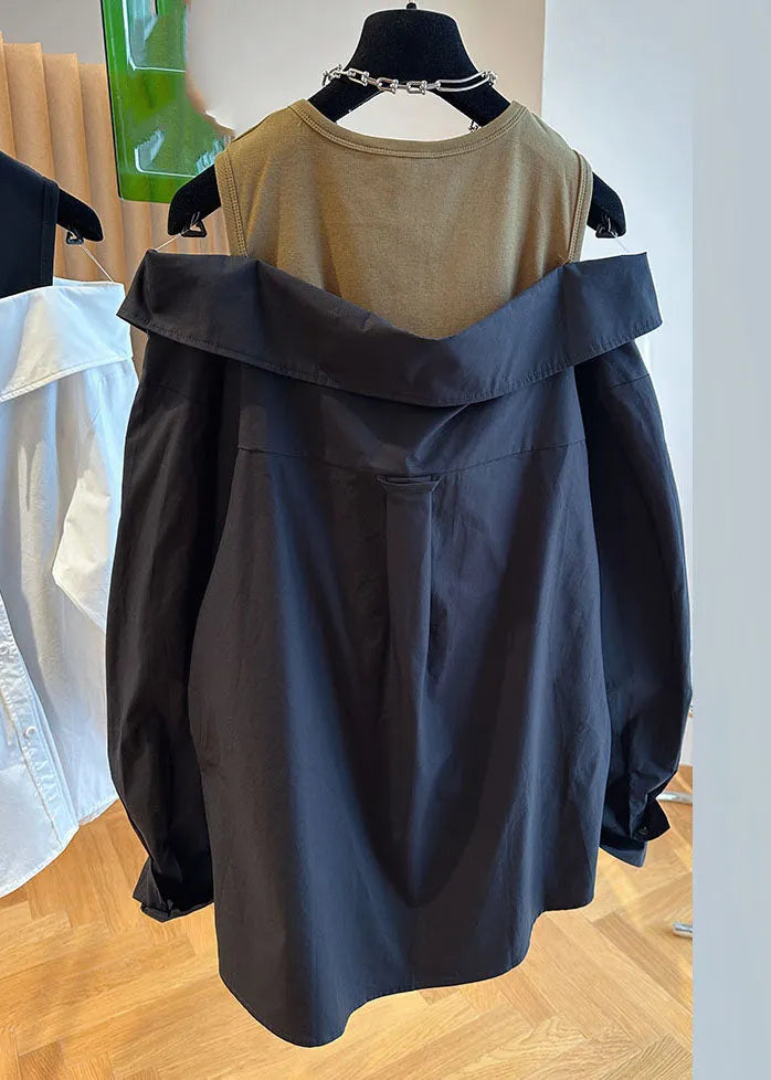 Style Black O-neck Off Shoulder Patchwork Shirts Long Sleeve
