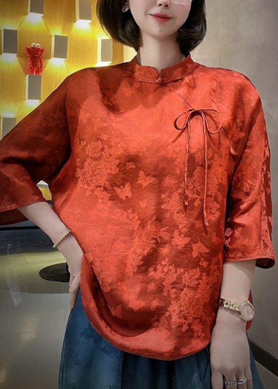 Original Red Stand Collar Chinese Button Bow Silk Top Three Quarter Sleeve