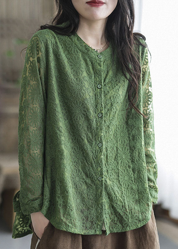 Green Lace Tops Asymmetrical Embroideried O-neck Spring