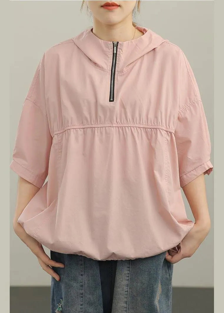 Unique Pink Cinched Half Sleeve Cotton Summer Shirt Top